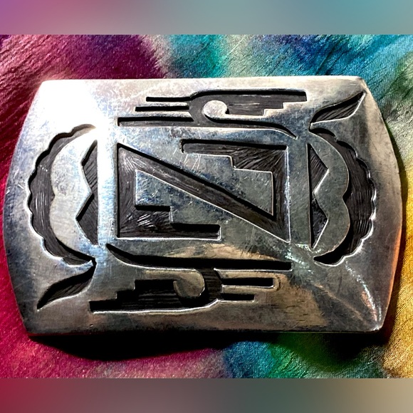 Navajo Hopi Belt Buckle .925 SOLID Sterling Silver Handmade Overlay Circa 1980\'s main image 8